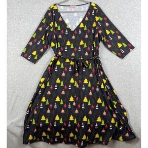 Popsy Christmas Tree Print A-Line Dress Black Womens 22 US 18 Festive Holiday